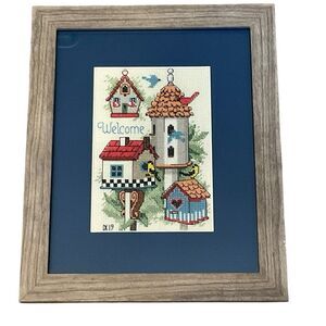 Birdhouse Welcome Counted Cross Stitch Framed Wall Decor  9 X 11” Birds Blue